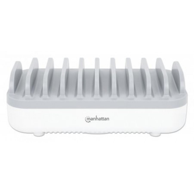Manhattan Charging Station, 10x Ports: 3x USB-C (up to 18W PD) and 7x USB-A (up to 12W), 120W Total Output, White/Grey, Three Year Warranty, Box