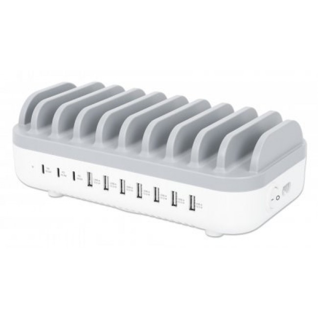 Manhattan Charging Station, 10x Ports: 3x USB-C (up to 18W PD) and 7x USB-A (up to 12W), 120W Total Output, White/Grey, Three Year Warranty