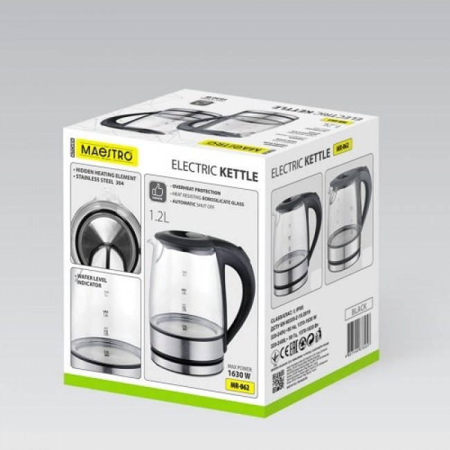 Maestro MR-062-Black Glass Electric Kettle 1,2 L