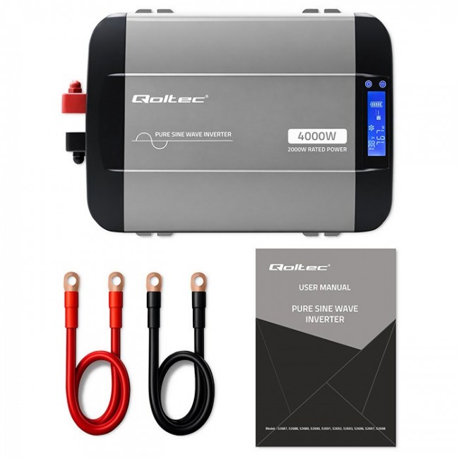 Qoltec Przetwornica napięcia Pure Sine Wave | 12V na 230V | 2000/4000W | LCD | USB | USB-C | Kompatybilna z LiFePO4 GEL AGM
