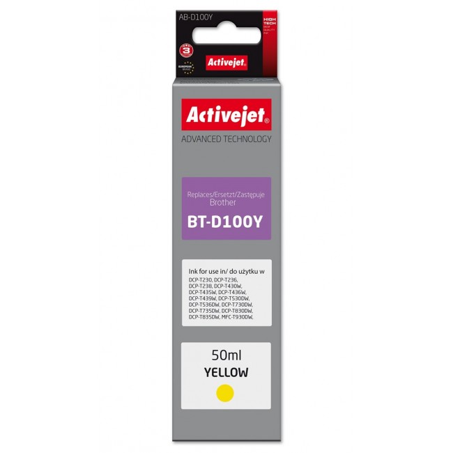 Activejet AB-D100Y Ink cartridge for Brother printers, replacement for Brother BT-D100Y Supreme 50 ml yellow