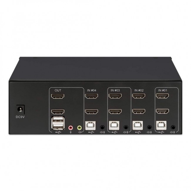 Manhattan HDMI KVM Switch 4-Port, 4K@30Hz, USB-A/3.5mm Audio/Mic Connections, Cables included, Audio Support, Control 4x computers from one pc/mouse/screen, USB Powered, Black, Three Year Warranty