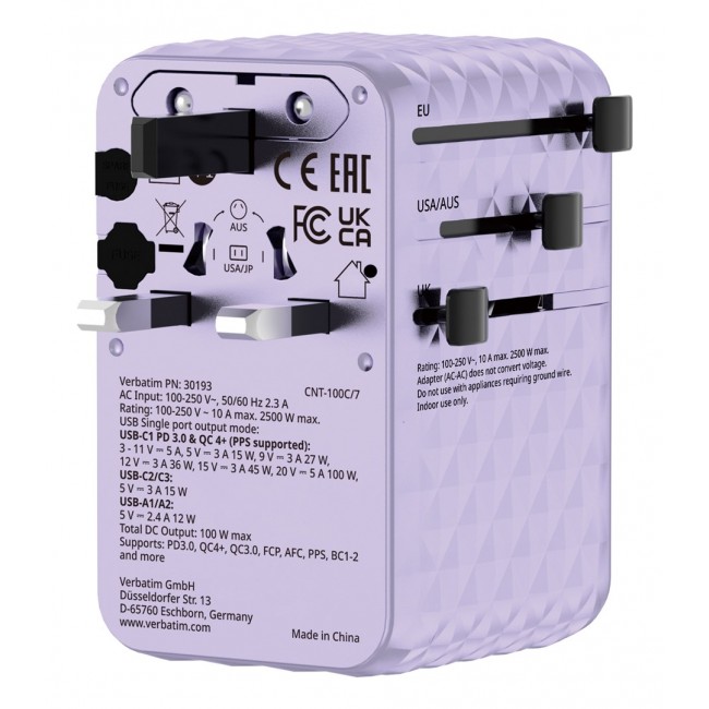 Verbatim Charge 'n' Travel 100W Universal Travel Adapter with retractable cable Purple Verbatim Charge 'n' Travel 100W Universal Travel Adapter with retractable cable Purple