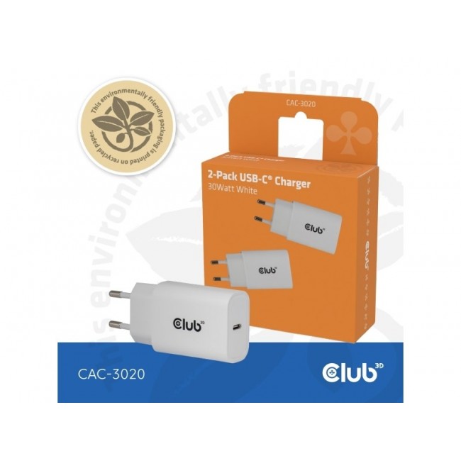 CLUB3D 2-Pack USB C Charger 30 Watt Whit