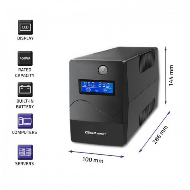 Qoltec Monolith uninterruptible power supply (UPS) Double-conversion (Online) 0.65 kVA 360 W 2 AC outlet(s) Qoltec Monolith uninterruptible power supply (UPS) Double-conversion (Online) 0.65 kVA 360 W 2 AC outlet(s)