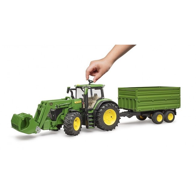 John Deere 7R 350 tractor with front loader and 2-axle trailer 03155 BRUDER
