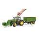 John Deere 7R 350 tractor with front loader and 2-axle trailer 03155 BRUDER
