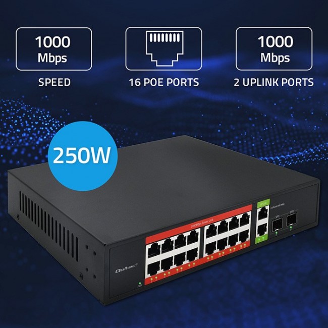Qoltec Prze ącznik sieciowy SWITCH Gigabit Ethernet PoE | 16x RJ45 | 2x RJ45 Uplink | 2x SFP | 1000Mb/s Qoltec Prze ącznik sieciowy SWITCH Gigabit Ethernet PoE | 16x RJ45 | 2x RJ45 Uplink | 2x SFP | 1000Mb/s