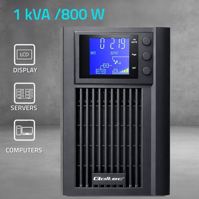 Qoltec 52640 Pure Sine Wave UPS Emergency Power Supply | 1kVA | 800W | AVR | LCD