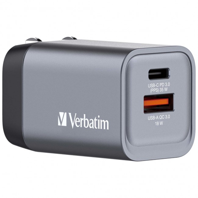 Verbatim GNC-35 GaN Charger 35W with 1 x USB-C PD 35W / 1 x USB-A QC 3.0 (EU/UK/US) Verbatim GNC-35 GaN Charger 35W with 1 x USB-C PD 35W / 1 x USB-A QC 3.0 (EU/UK/US)