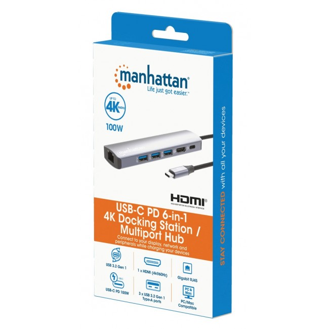 Manhattan USB-C Dock/Hub, Ports (x6): Ethernet, HDMI, USB-A (x3) and USB-C, with Power Delivery (PD) 100W- requires external USB-C charger (not included). USB powered (no external power supply required) when PD is not in use