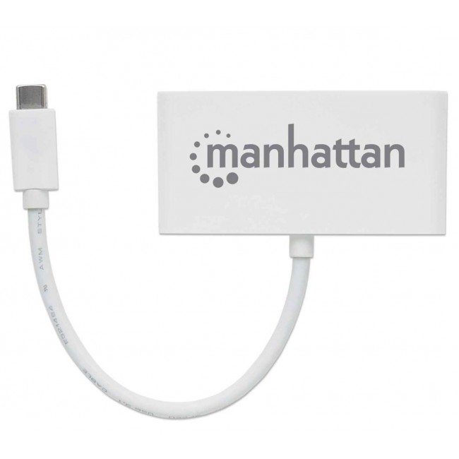 Manhattan USB-C Dock/Hub, Ports (x4): USB-A (x3) and USB-C, 5 Gbps (USB 3.2 Gen1 aka USB 3.0), With Power Delivery (60W) to USB-C Port (Note additional USB-C wall charger and USB-C cable needed), SuperSpeed USB, White, Three Year Warranty, Blister Manhattan USB-C Dock/Hub, Ports (x4): USB-A (x3) and USB-C, 5 Gbps (USB 3.2 Gen1 aka USB 3.0), With Power Delivery (60W) to USB-C Port (Note additional USB-C wall charger and USB-C cable needed), SuperSpeed USB, White, Three Year Warranty, Blister