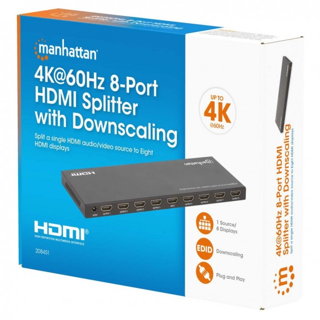 Manhattan 4K@60Hz 8-Port HDMI Splitter with Downscaling, Splits One HDMI Input to Eight HDMI Outputs (1x8), 18G, EDID Switch for Downscaling, Black Manhattan 4K@60Hz 8-Port HDMI Splitter with Downscaling, Splits One HDMI Input to Eight HDMI Outputs (1x8), 18G, EDID Switch for Downscaling, Black