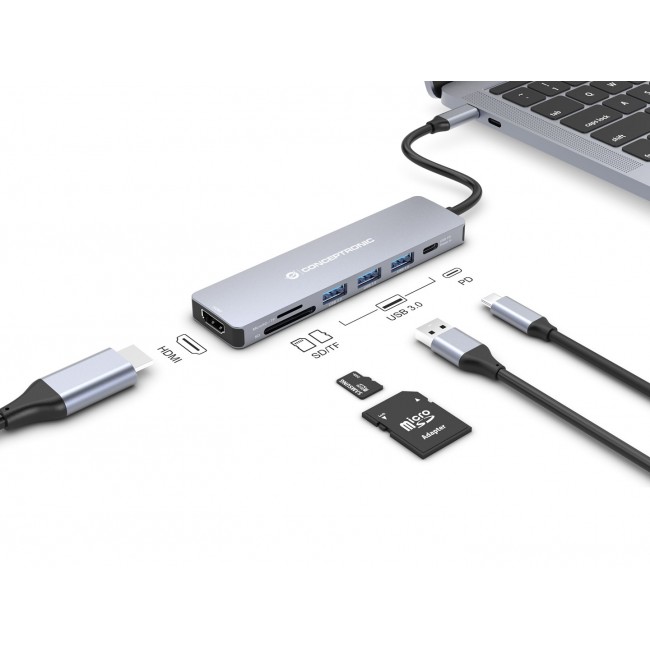 Conceptronic DONN19G 7-in-1 USB 3.2 Gen 1 Docking Station, HDMI, USB-A 3.0 x 3, SD, TF/MicroSD, 100W USB PD