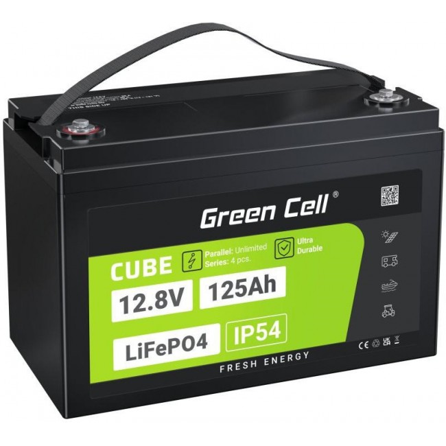Green Cell Žalias Cell CUBE LiFePO4 125Ah 12,8V 1600Wh liio geležies fosfato baterija kemperiui, sauls energijai, neprijungtai prie tinklo, laivui Lithium Iron Phosphate (LiFePO4) 12.8 V