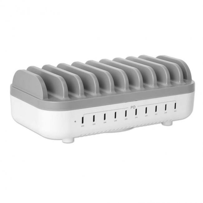 Manhattan 10-port USB-C Charging Station, USB-C Output: 10x 20W, Max 200W, Mains AC power (inc US/EU/UK adapters)