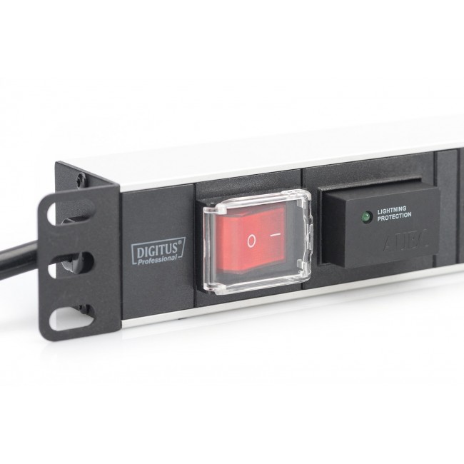 Digitus aluminum outlet strip with switch, 7 safety outlets, 2 m supply with surge protection