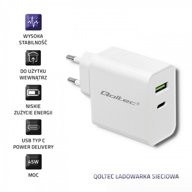 Qoltec 51718 Charger | 45W | 5-20V | 2.4-3A | USB type C PD | USB | White Qoltec 51718 Charger | 45W | 5-20V | 2.4-3A | USB type C PD | USB | White
