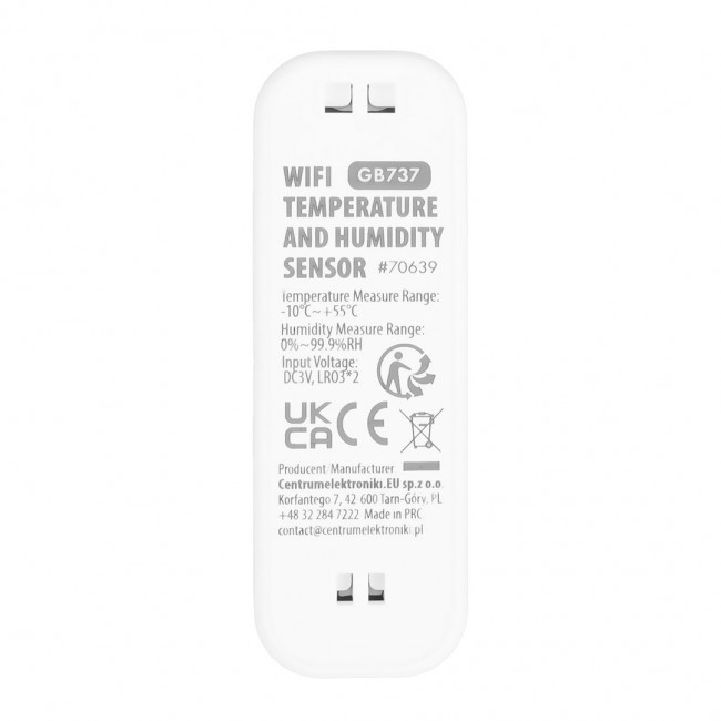 GreenBlue WiFi Temperature and Humidity Sensor, Android/iOS/Alexa/Google Home, 3.0V DC, LR03x2, GB737 GreenBlue WiFi Temperature and Humidity Sensor, Android/iOS/Alexa/Google Home, 3.0V DC, LR03x2, GB737