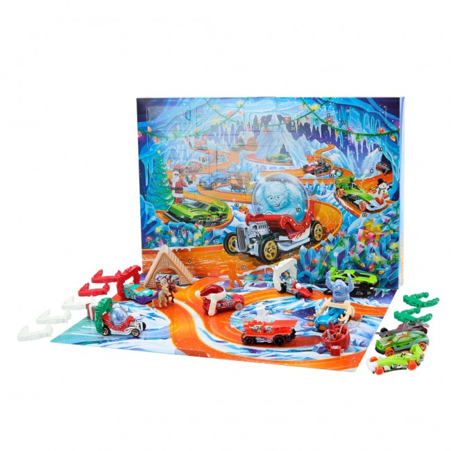 Hot Wheels 2026 Advent Calendar, 10 Toy Vehicles in 1:64 Scale, 14 Accessories & 10 Ornament Clips