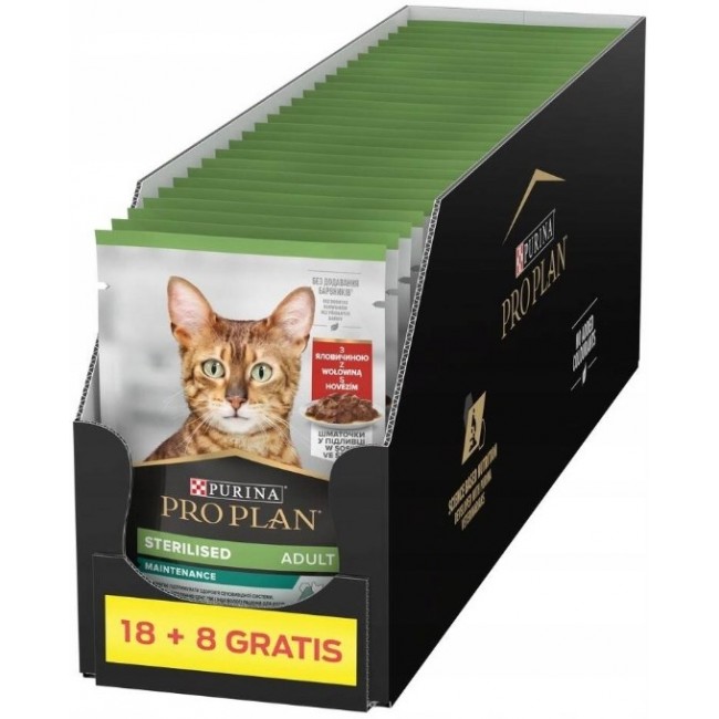 PURINA Pro Plan Sterilised Adult Maintenance Pieces with beef in sauce - wet cat food - 26x85g (18 + 8 GRATIS) PURINA Pro Plan Sterilised Adult Maintenance Pieces with beef in sauce - wet cat food - 26x85g (18 + 8 GRATIS)