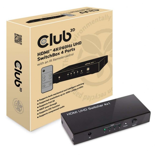 CLUB3D HDMI 2.0 UHD 4K60Hz SwitchBox 4 ports and included IR Remote control