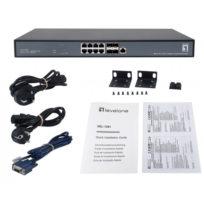 LevelOne 12-Port L3 Managed 10-Gigabit Switch, 8 x 1G/2.5G/5G/10G RJ45, 4 x 1G/2.5G/10G SFP+ Uplinks, 240Gbps Non-Blocking Fabric, 19-Inch Rackmount