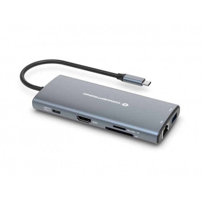 Conceptronic DONN06G 10-in-1 USB 3.2 Gen 1 Docking Station, HDMI, 100W USB PD, USB-C 5Gbps x 2, USB-A 5Gbps x 3, SD, TF/MicroSD, GbE
