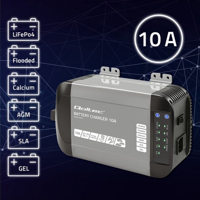 Qoltec Smart Monolith Battery Charger for LiFePO4 AGM GEL SLA batteries | 10A | 24V