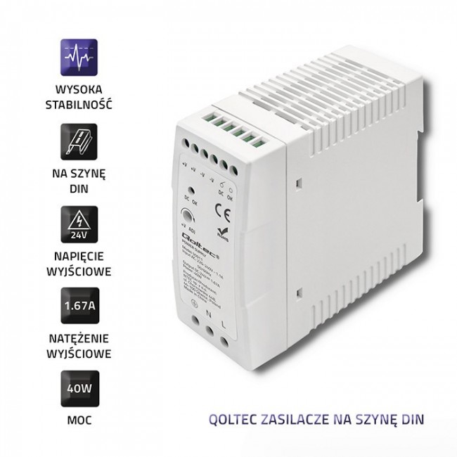 Qoltec Din Rail Power Supply | 40W | 24V | 1.67A | White | Slim