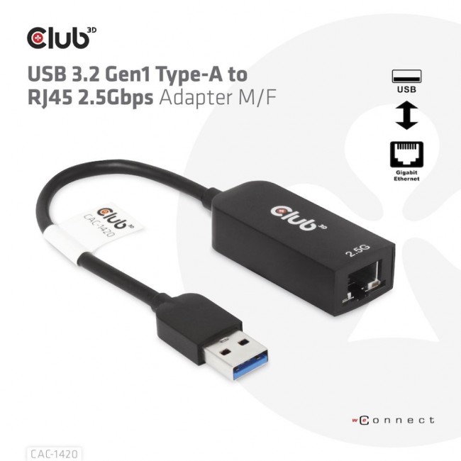 CLUB3D USB 3.2 Gen1 Type A to RJ45 2.5Gbps Adapter