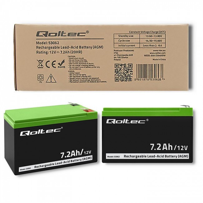 Qoltec 53062 AGM battery | 12V | 7.2 Ah | max 108A