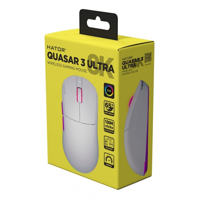 HATOR Quasar 3 ULTRA 8K Wireless, white-violet - Optical Yellow 100M Switches PixArt PAW3950 HATOR Quasar 3 ULTRA 8K Wireless, white-violet - Optical Yellow 100M Switches PixArt PAW3950