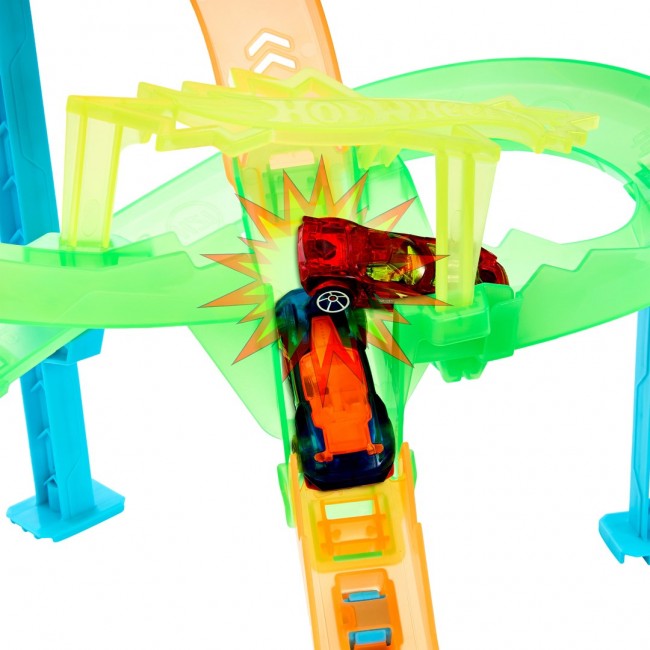 Hot Wheels Neon Speeders Stunt Tracks Tornado Jump Crash Track Set with Motorized Booster & Toy Car