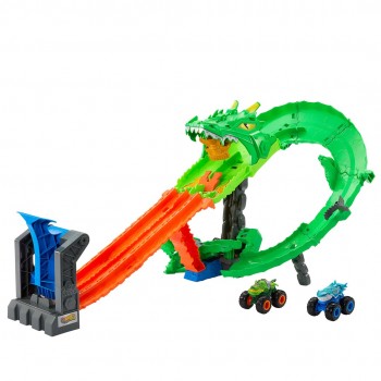 Hot Wheels Monster Trucks Sharks vs. Dinos Dragon Destruction Playset & 2 Toy Trucks