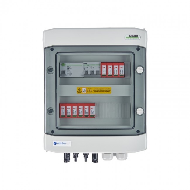 Switchgear attached DCAC hermetic IP65 EMITTER with DC surge arrester Dehn 1000V type 2, 2 x PV string, 2 x MPPT // og. AC Dehn type 2, 10A 3-F, RCD type A 40A/300mA