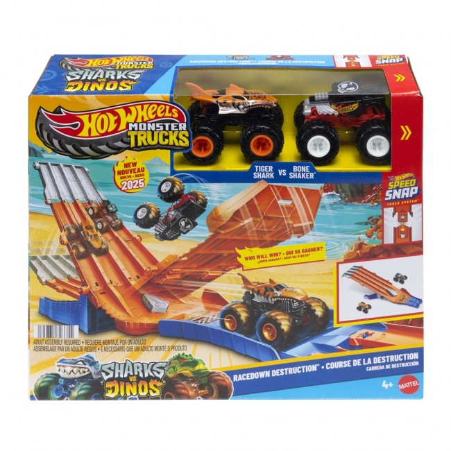 Hot Wheels Monster Trucks Sharks vs. Dinos Racedown Destruction Track Set & 2 1:64 Scale Toy Trucks