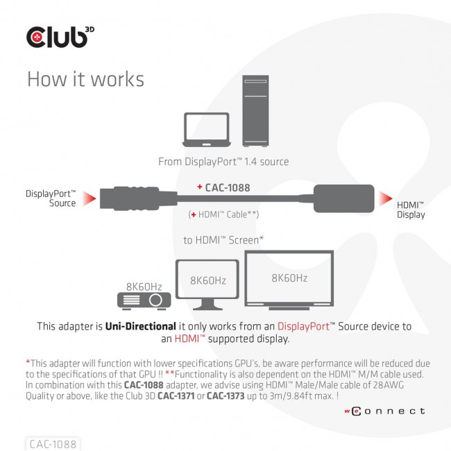CLUB3D DisplayPort1.4 to HDMI 4K120Hz/8K60Hz HDR Active adapter M/F CLUB3D DisplayPort1.4 to HDMI 4K120Hz/8K60Hz HDR Active adapter M/F