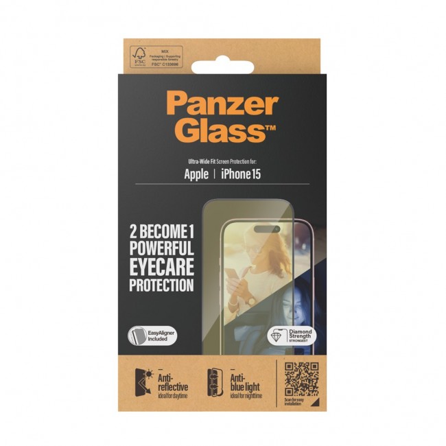 PanzerGlass Eyecare Screen Protection iPhone 15 | Ultra-Wide Fit w. EasyAligner Clear screen protector Apple 1 pc(s)