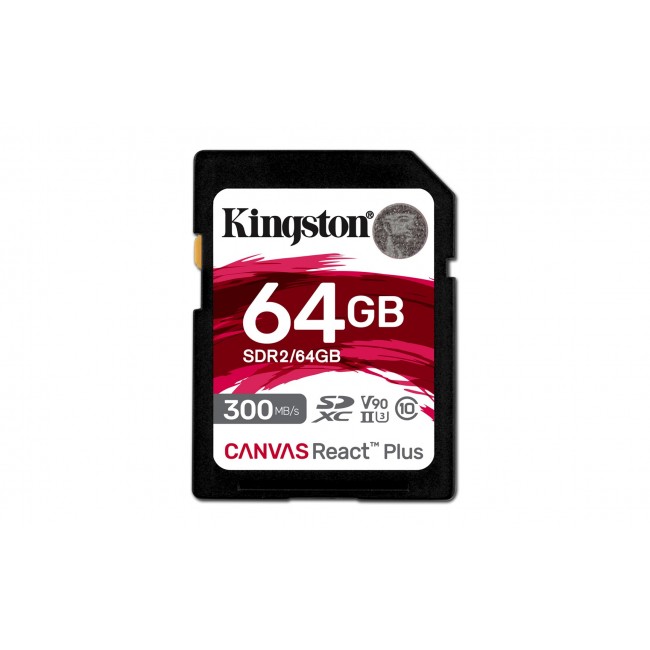 Kingston Technology 64GB Canvas React Plus SDXC UHS-II 300R/260W U3 V90 for Full HD/4K/8K Kingston Technology 64GB Canvas React Plus SDXC UHS-II 300R/260W U3 V90 for Full HD/4K/8K