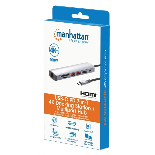 Manhattan USB-C Dock/Hub with Card Reader, Ports (x5): Ethernet, HDMI, USB-A (x2) and USB-C, with Power Delivery (PD) 100W- requires external USB-C charger (not included). USB powered (no external power supply required) when PD is not in use Manhattan USB-C Dock/Hub with Card Reader, Ports (x5): Ethernet, HDMI, USB-A (x2) and USB-C, with Power Delivery (PD) 100W- requires external USB-C charger (not included). USB powered (no external power supply required) when PD is not in use