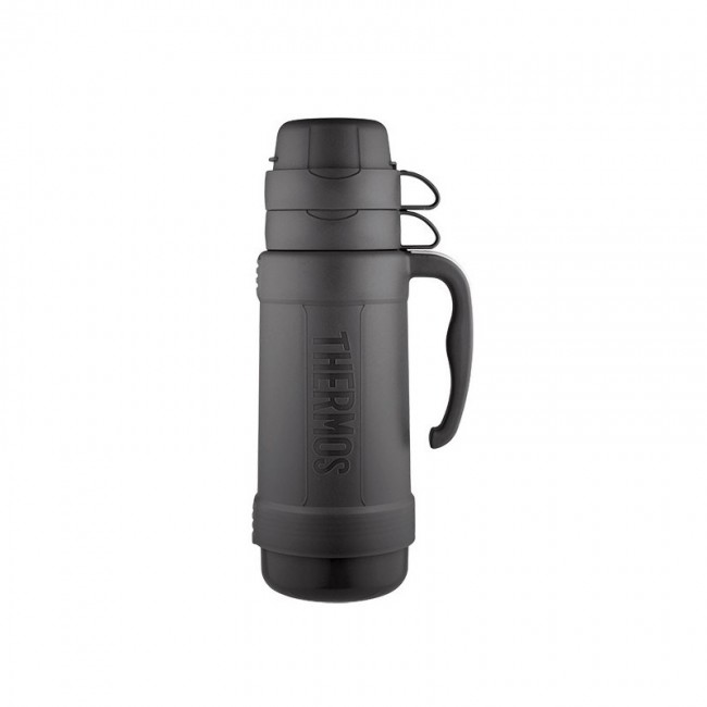 Glass thermos flask with two cups, 1 litre, black 194530 THERMOS
