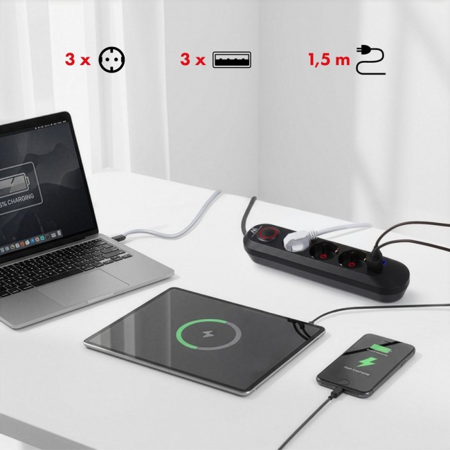 Maclean power strip, 3-socket extension cable + 3xUSB, 110-240V AC 50/60Hz, 2.1A max 2500W, 1.5m, black, MCE394 B Maclean power strip, 3-socket extension cable + 3xUSB, 110-240V AC 50/60Hz, 2.1A max 2500W, 1.5m, black, MCE394 B