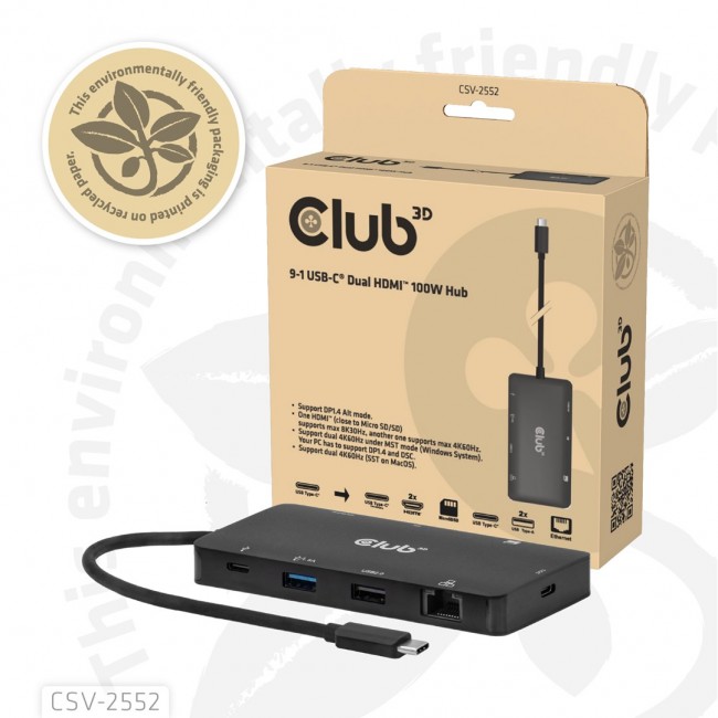 CLUB3D 9-1 Dual HDMI USB-C Hub PD3.0 100W