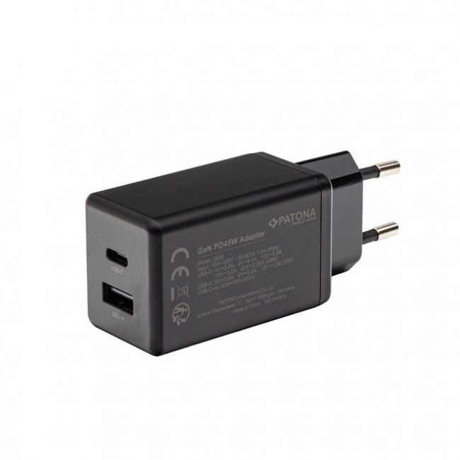 PATONA Premium Charger GaN PD45W 1xUSB-C 1xUSB-A PD3.0 QC3.0 Black