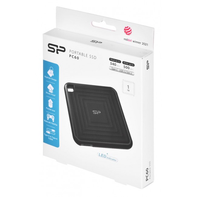Silicon Power PC60 Portable SSD 1 TB USB Type-A to USB Type-C 3.2 Gen 1 (3.1 Gen 1) Black