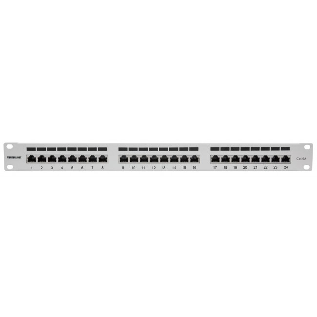 Intellinet Patch Panel, Cat6a, FTP, 24-Port, 1U, Shielded, 90 Top-Entry Punch Down Blocks, Grey