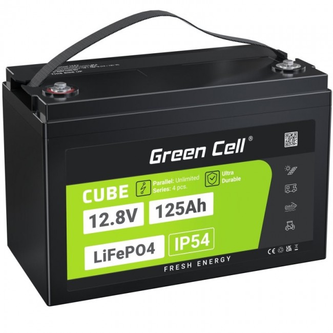 Green Cell Žalias Cell CUBE LiFePO4 125Ah 12,8V 1600Wh liio geležies fosfato baterija kemperiui, sauls energijai, neprijungtai prie tinklo, laivui Lithium Iron Phosphate (LiFePO4) 12.8 V Green Cell Žalias Cell CUBE LiFePO4 125Ah 12,8V 1600Wh liio geležies fosfato baterija kemperiui, sauls energijai, neprijungtai prie tinklo, laivui Lithium Iron Phosphate (LiFePO4) 12.8 V