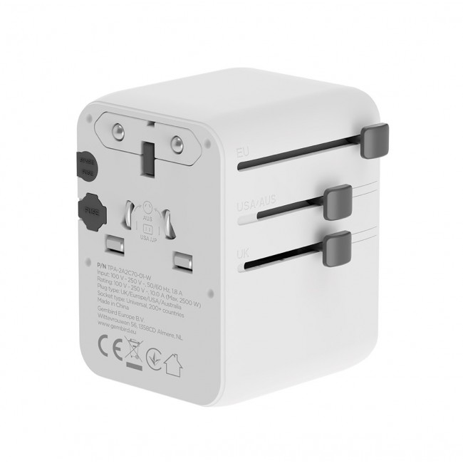 Gembird TPA-2A3C70-01-W Universal travel power adapter, 70 W, white Gembird TPA-2A3C70-01-W Universal travel power adapter, 70 W, white
