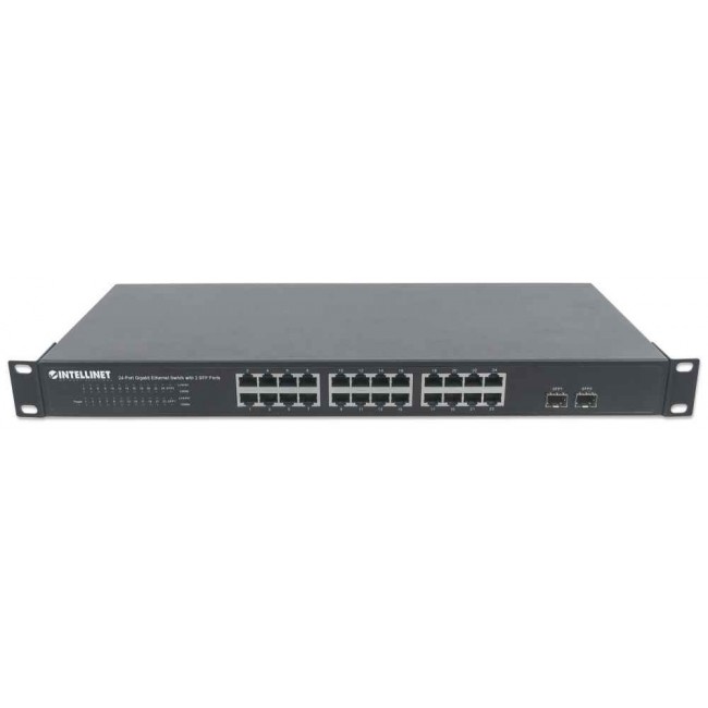 Intellinet 24-Port Gigabit Ethernet Switch with 2 SFP Ports, 24 x 10/100/1000 Mbps RJ45 Ports + 2 x SFP, IEEE 802.3az (Energy Efficient Ethernet), 19